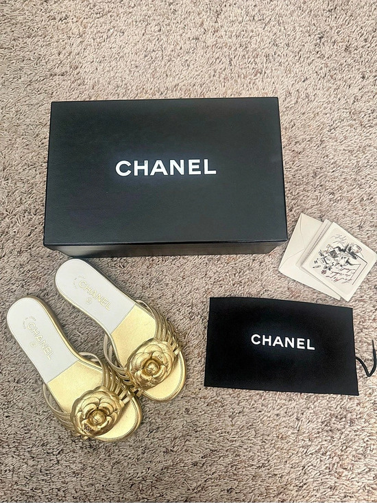 CHANEL Shoes - Chanel Gold Leather Camellia Slide Sandals